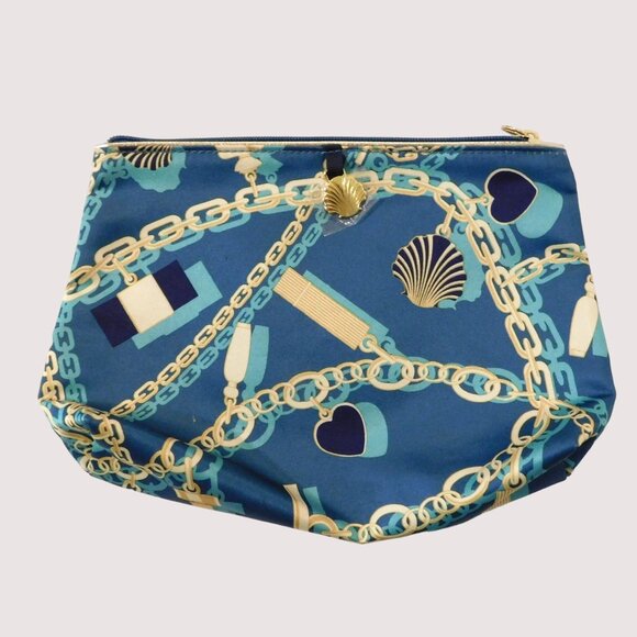 Estee Lauder Gold Seashell Charm Blue Cosmetic Makeup Bag Blue Beige Zip Closure - Picture 7 of 7